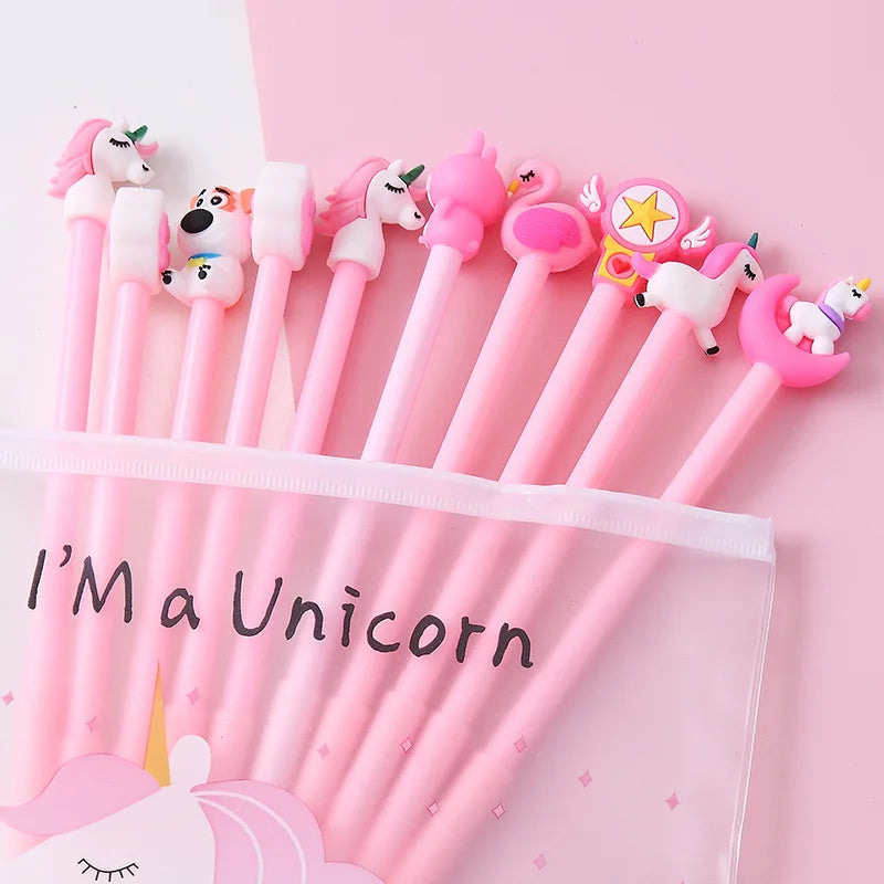 Unicorn Gel Pens Set 10pcs Cute Kawaii Black Ink School Stationery