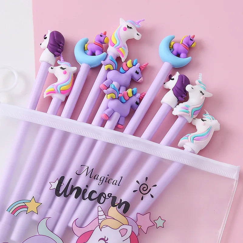 Unicorn Gel Pens Set 10pcs Cute Kawaii Black Ink School Stationery