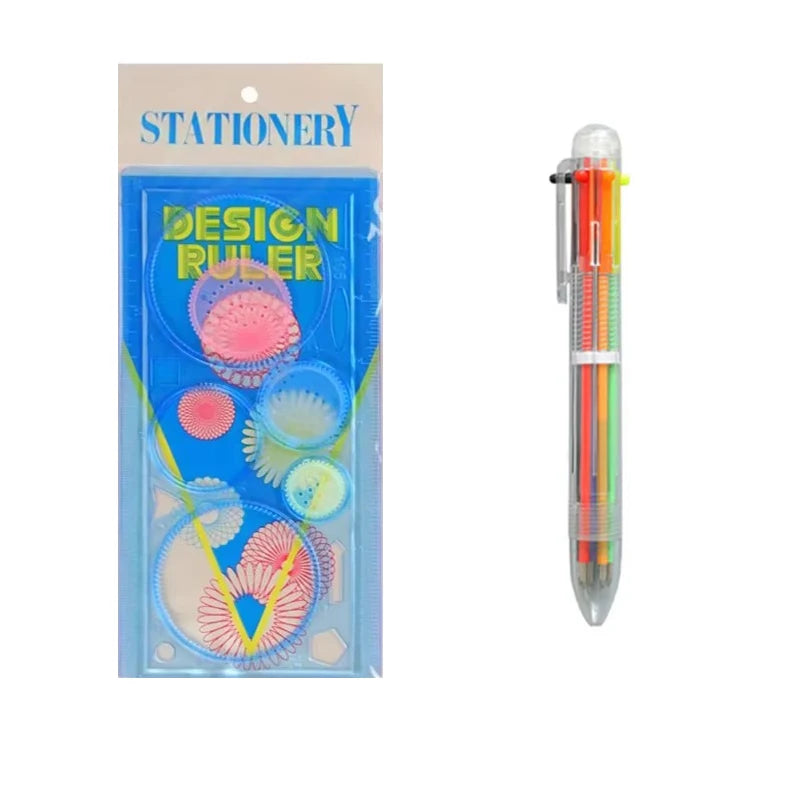 Kids Drawing Stencil Ruler Set with Multi-Color Pens and Spirograph