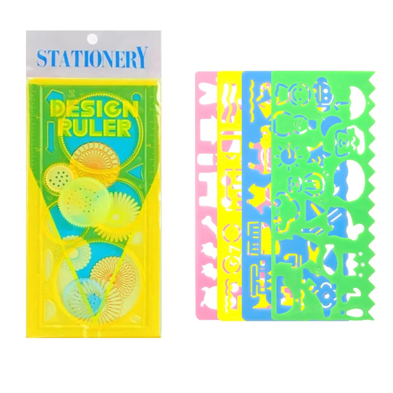Kids Drawing Stencil Ruler Set with Multi-Color Pens and Spirograph