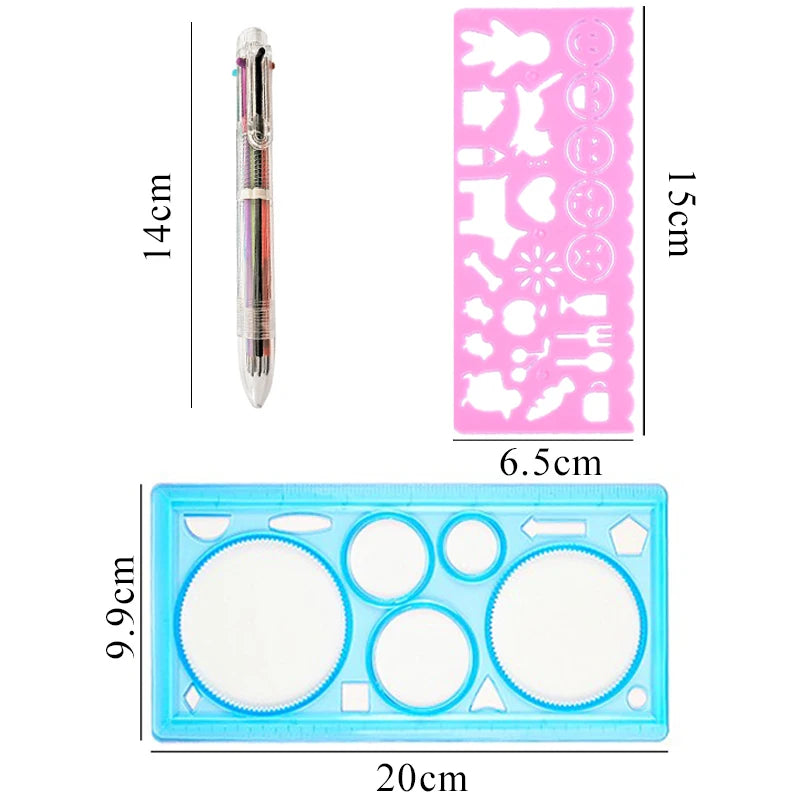 Kids Drawing Stencil Ruler Set with Multi-Color Pens and Spirograph