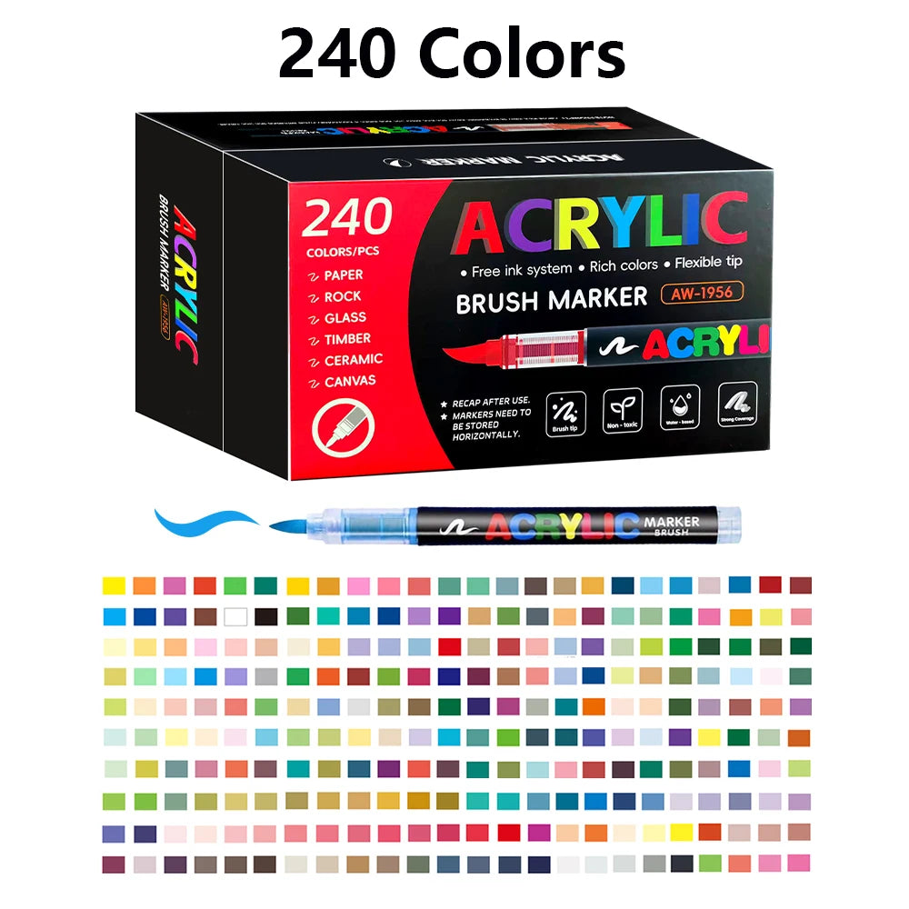 240 Colors Acrylic Paint Brush Markers Set for Rock Wood Canvas Glass