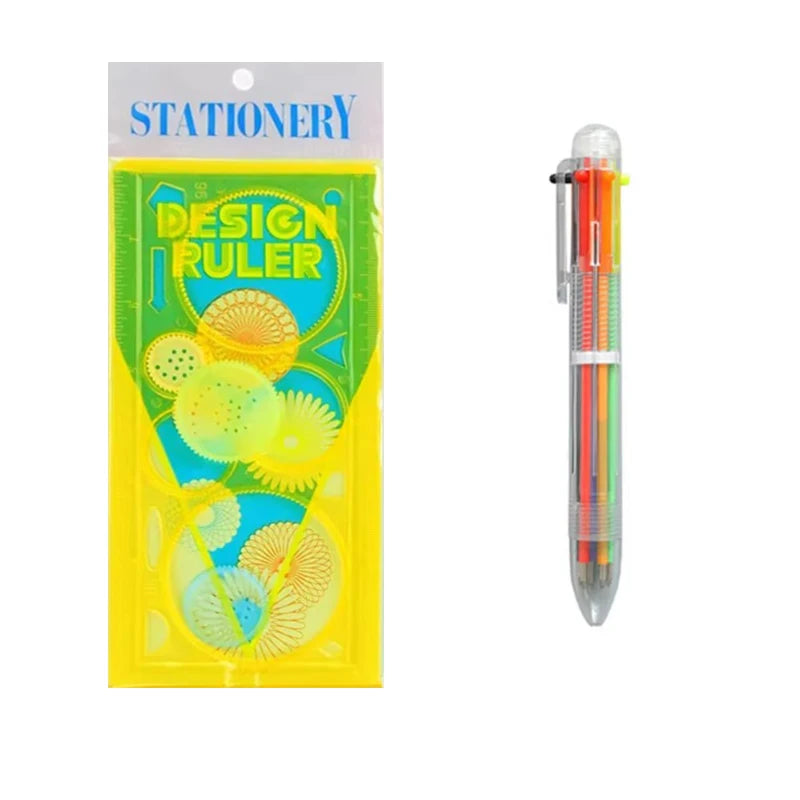 Kids Drawing Stencil Ruler Set with Multi-Color Pens and Spirograph