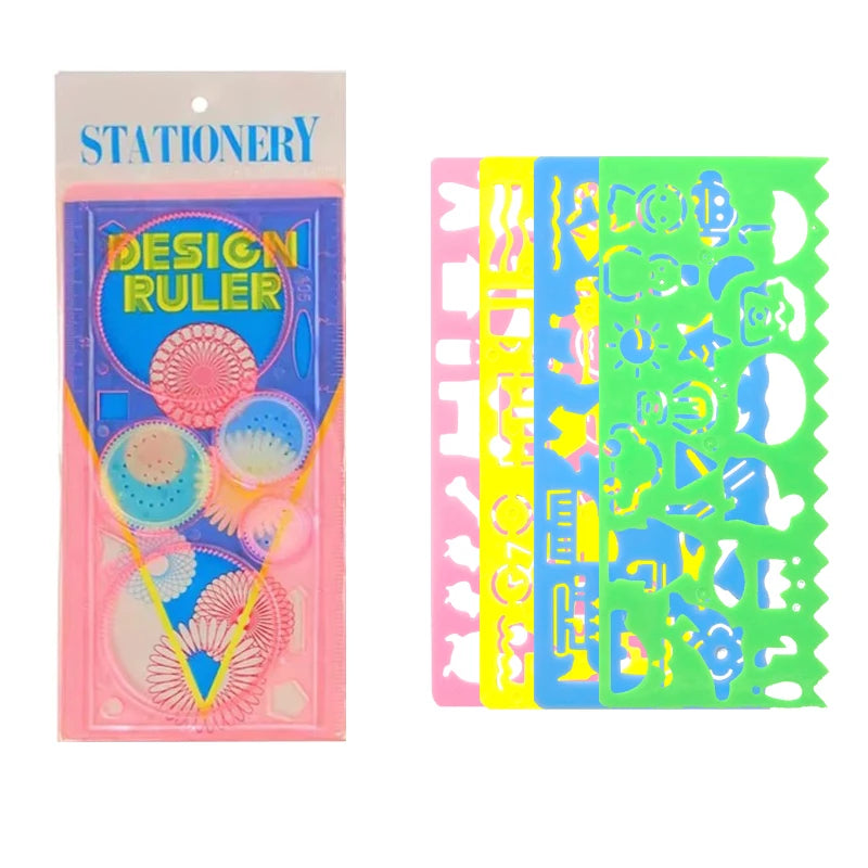 Kids Drawing Stencil Ruler Set with Multi-Color Pens and Spirograph