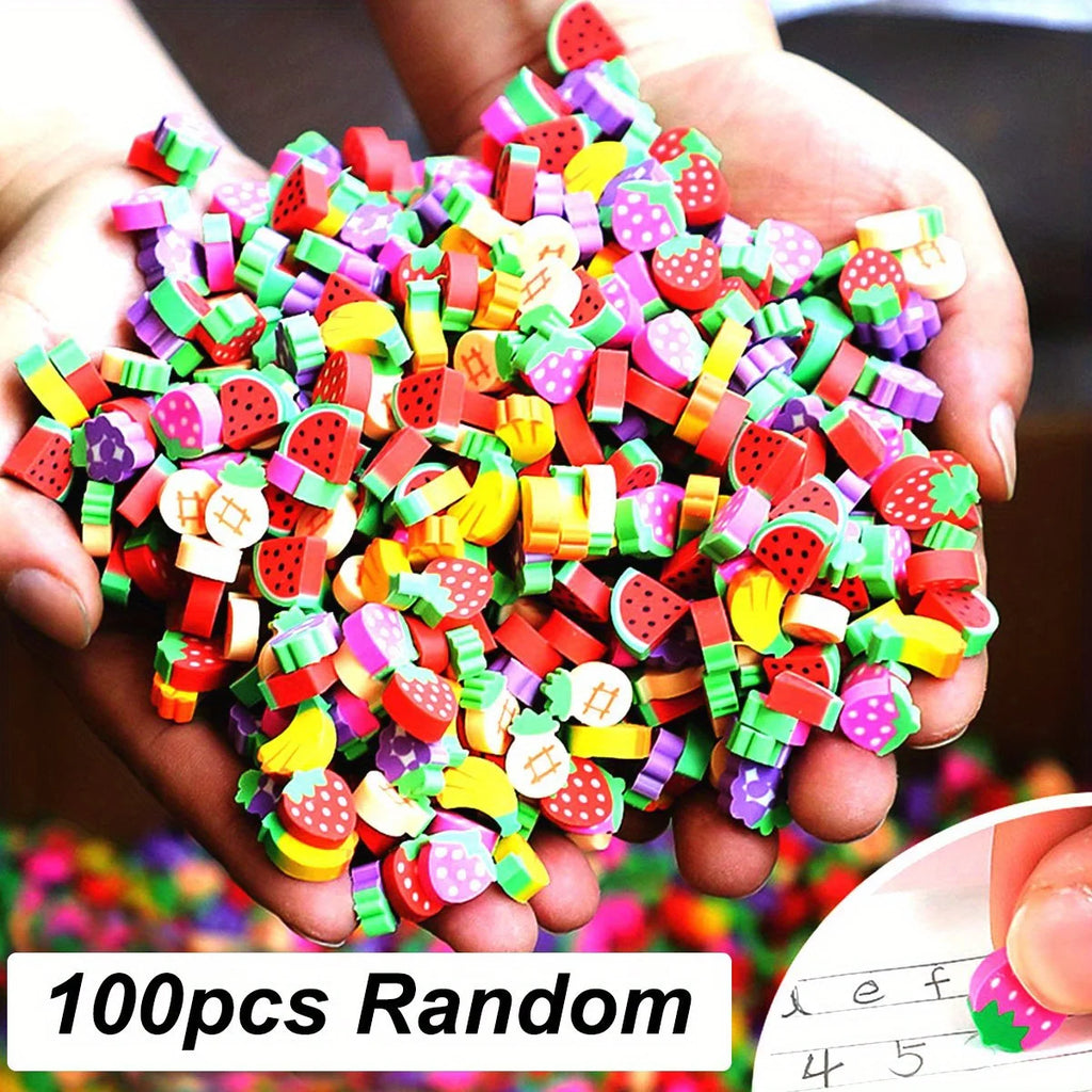 100pcs Mini Fruit Shape Erasers Cute Cartoon Rubber Kids School