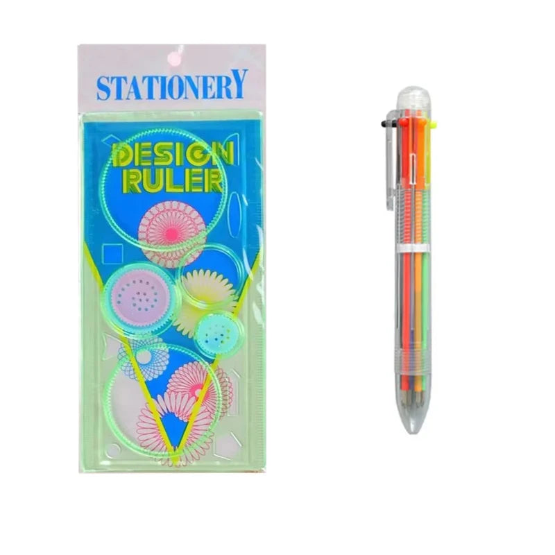 Kids Drawing Stencil Ruler Set with Multi-Color Pens and Spirograph