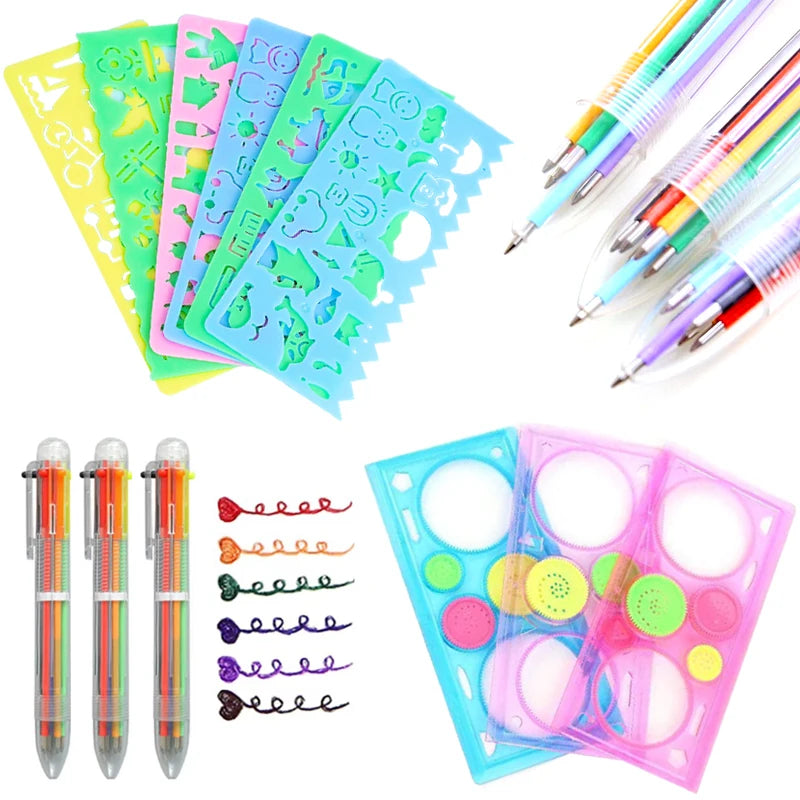Kids Drawing Stencil Ruler Set with Multi-Color Pens and Spirograph