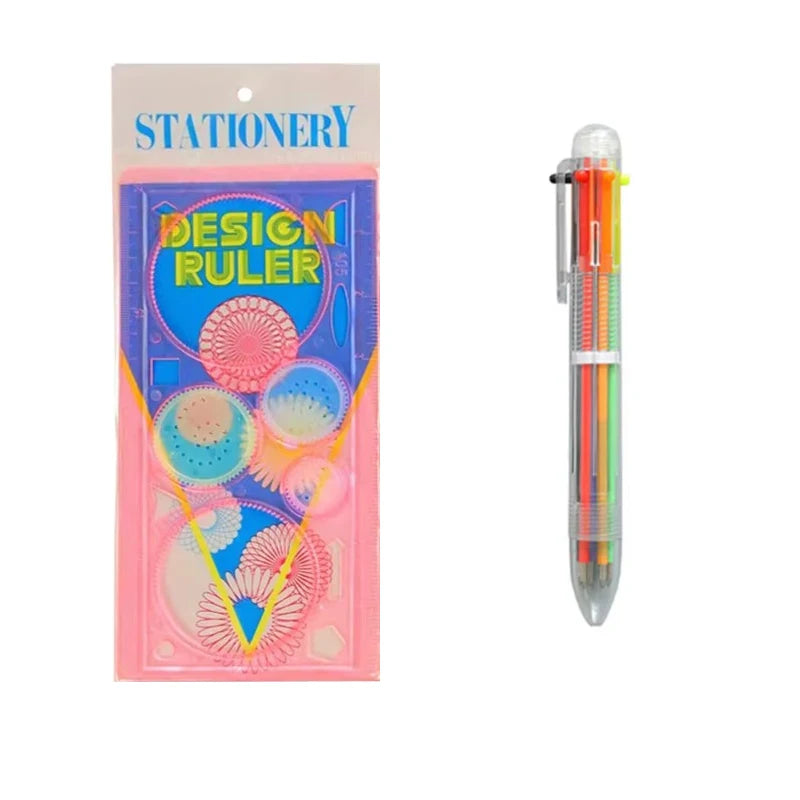 Kids Drawing Stencil Ruler Set with Multi-Color Pens and Spirograph