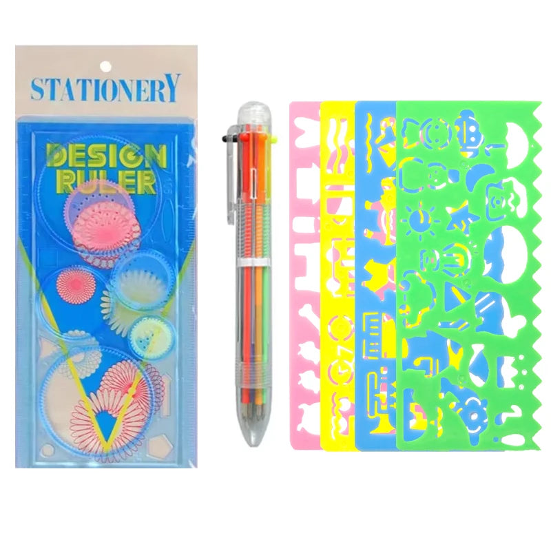 Kids Drawing Stencil Ruler Set with Multi-Color Pens and Spirograph