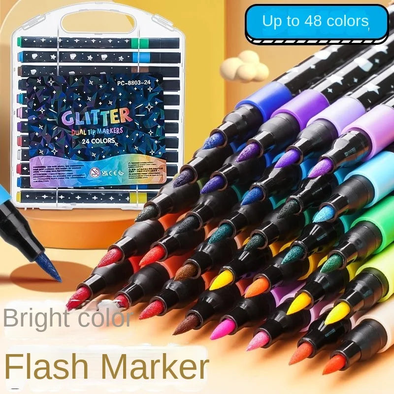 Glitter Dual Tip Markers Set Pack Two-Color Flash Pens for Kids