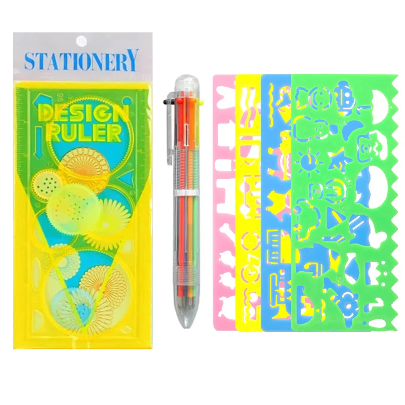 Kids Drawing Stencil Ruler Set with Multi-Color Pens and Spirograph