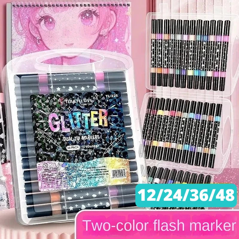 Glitter Dual Tip Markers Set Pack Two-Color Flash Pens for Kids